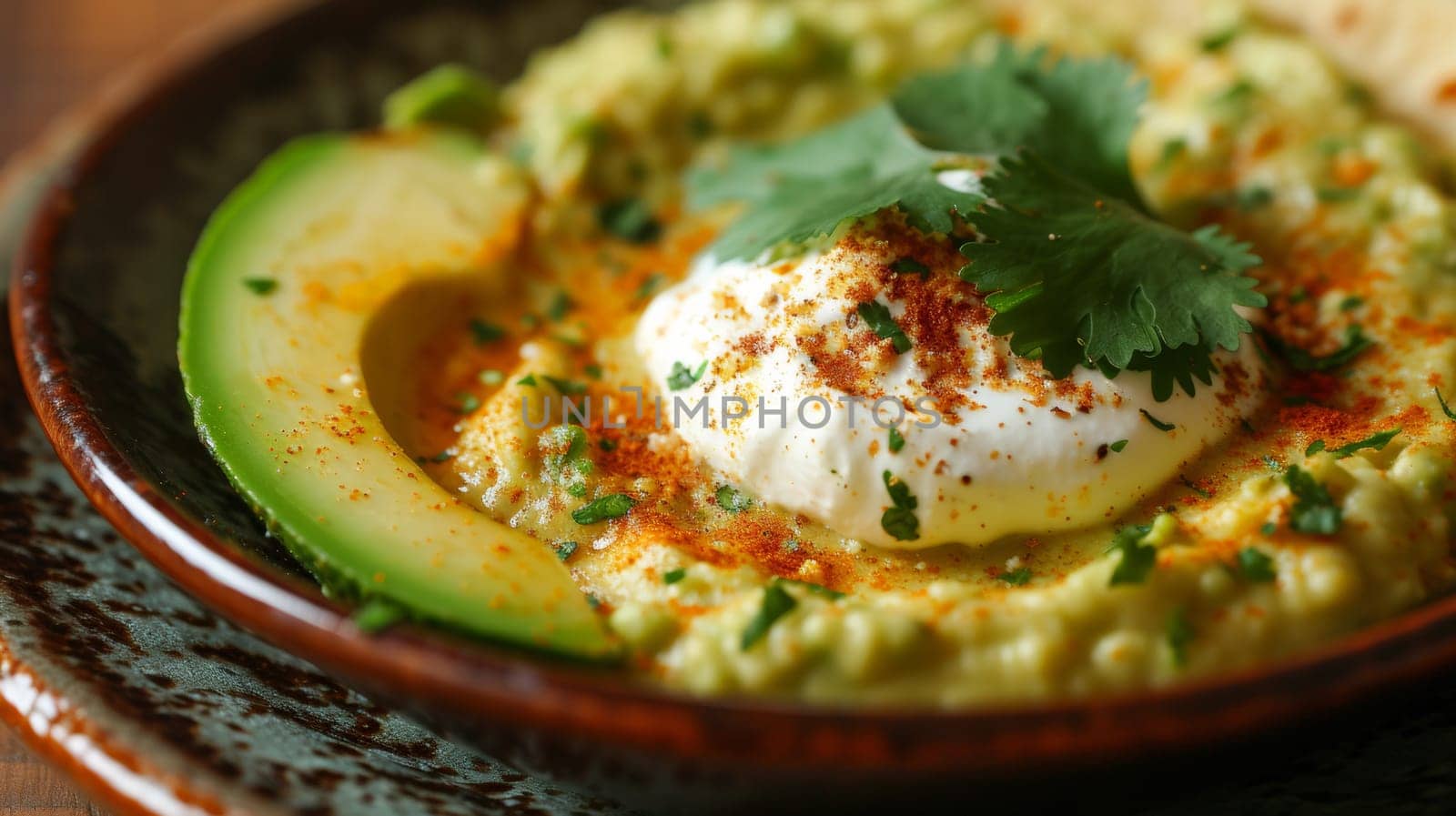 A bowl of food with avocado and cilantro on top