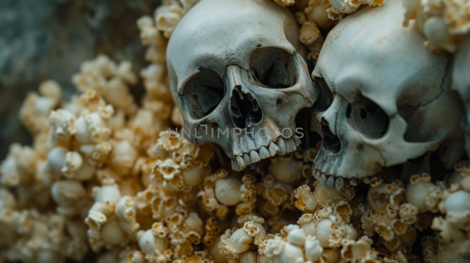 Two skulls are sitting on top of a pile of popcorn