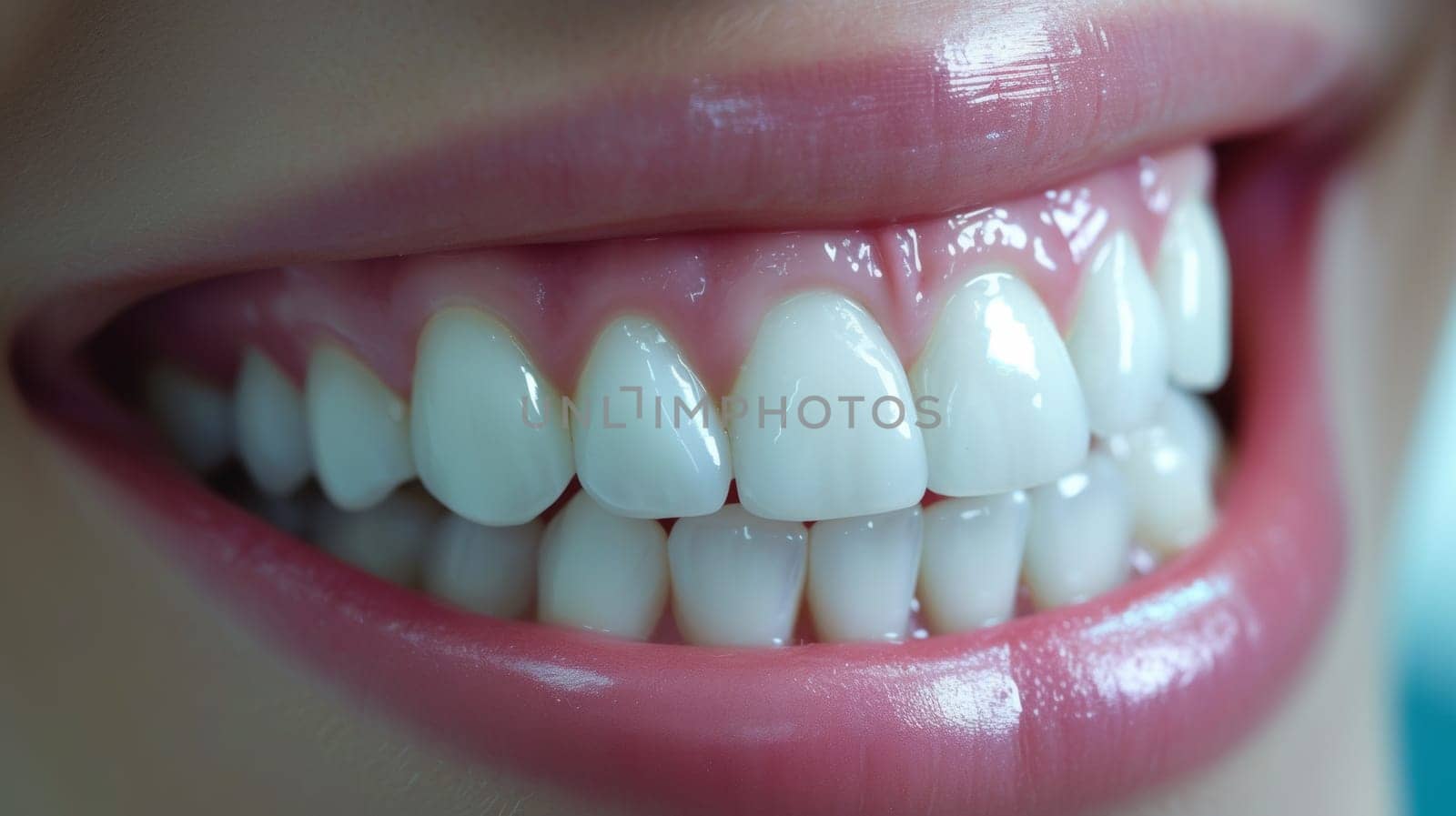 A close up of a woman's teeth with white and pink