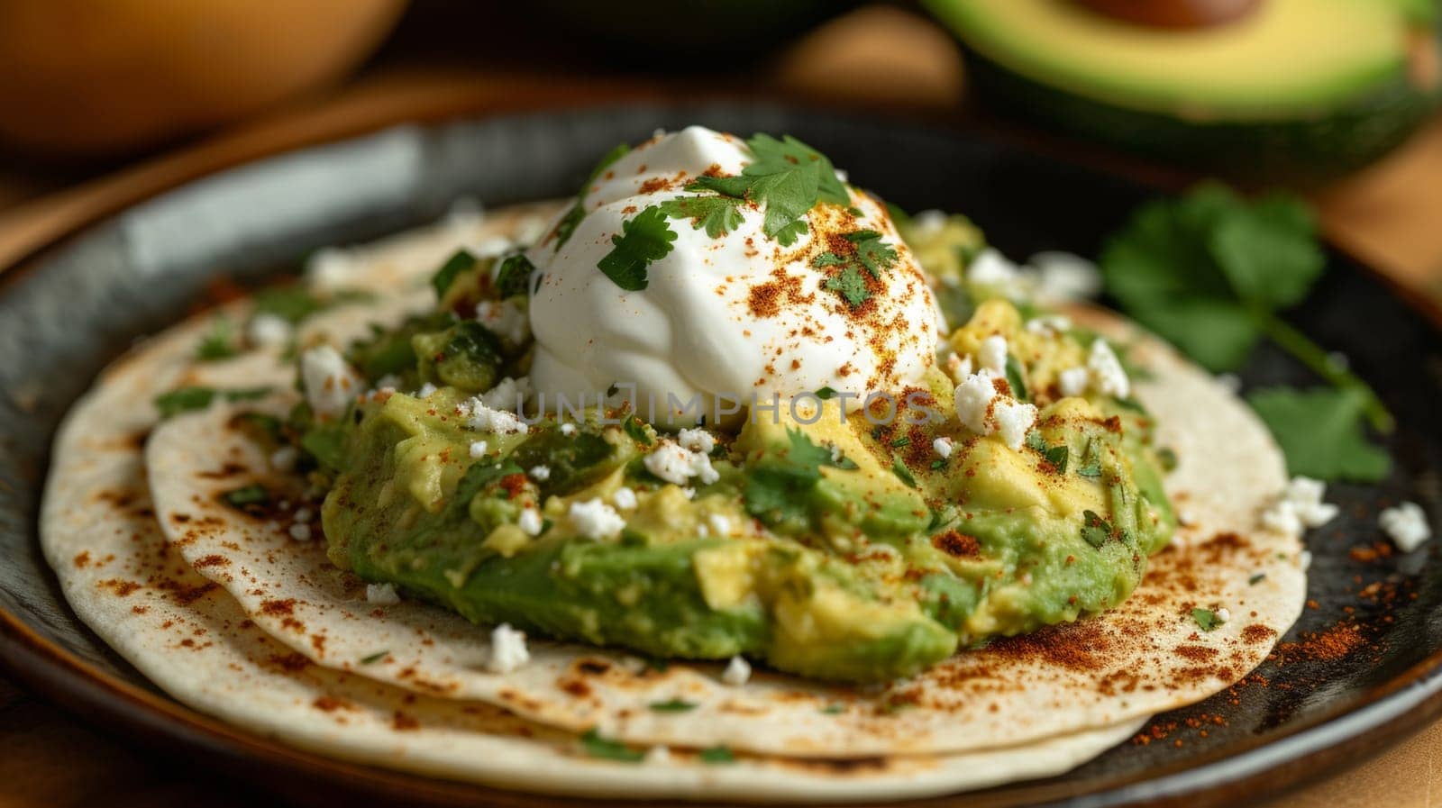 A plate of a tortilla with avocado and cilantro on it