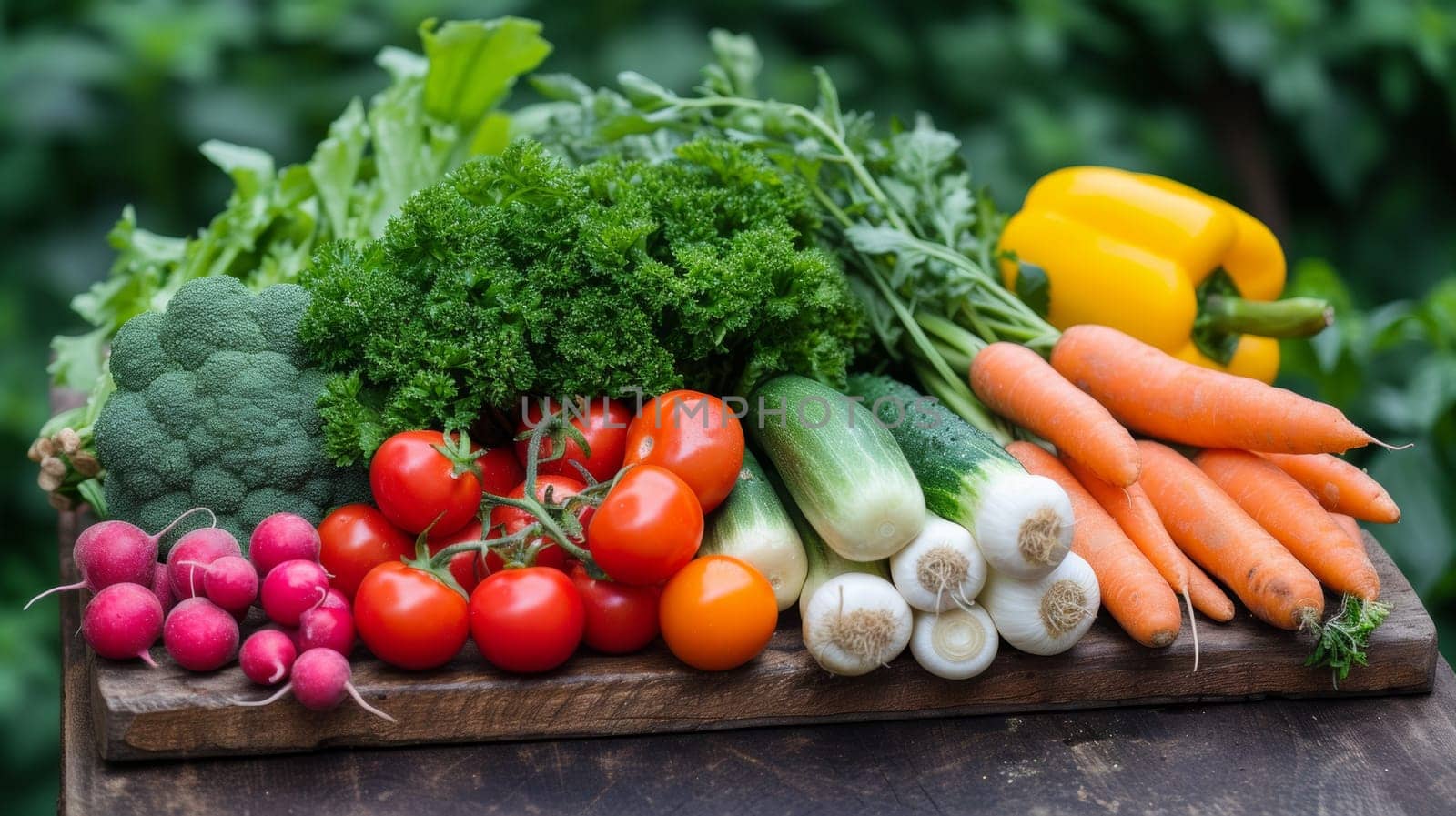 A bunch of vegetables are on a cutting board with peppers and tomatoes, AI by starush