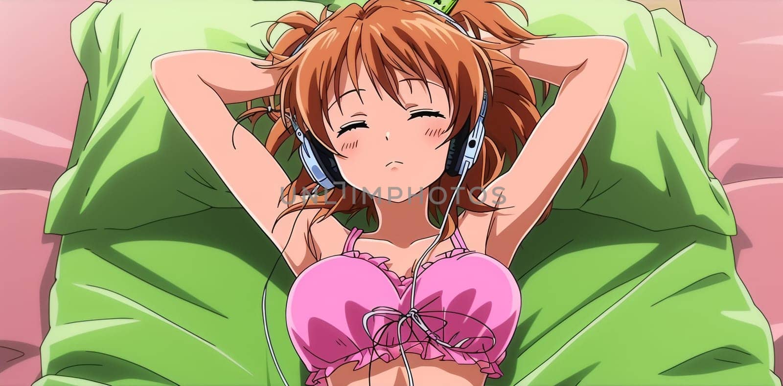 A cartoon girl laying on a bed with headphones listening to music, AI by starush