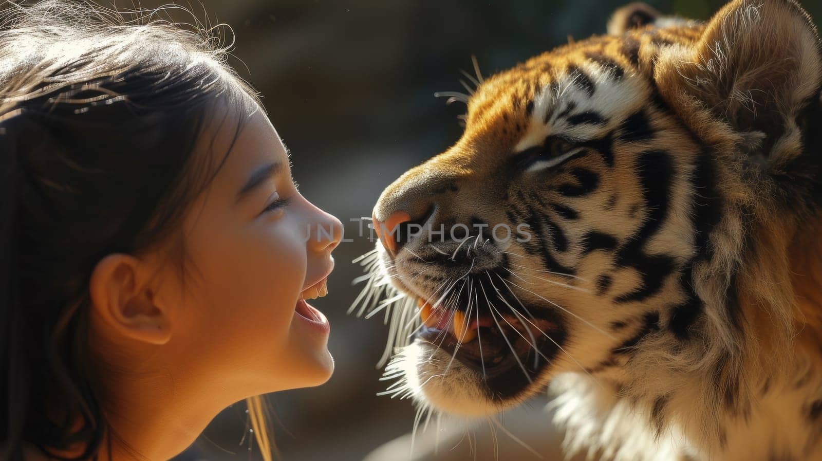 A young girl smiling at a tiger that is close to her