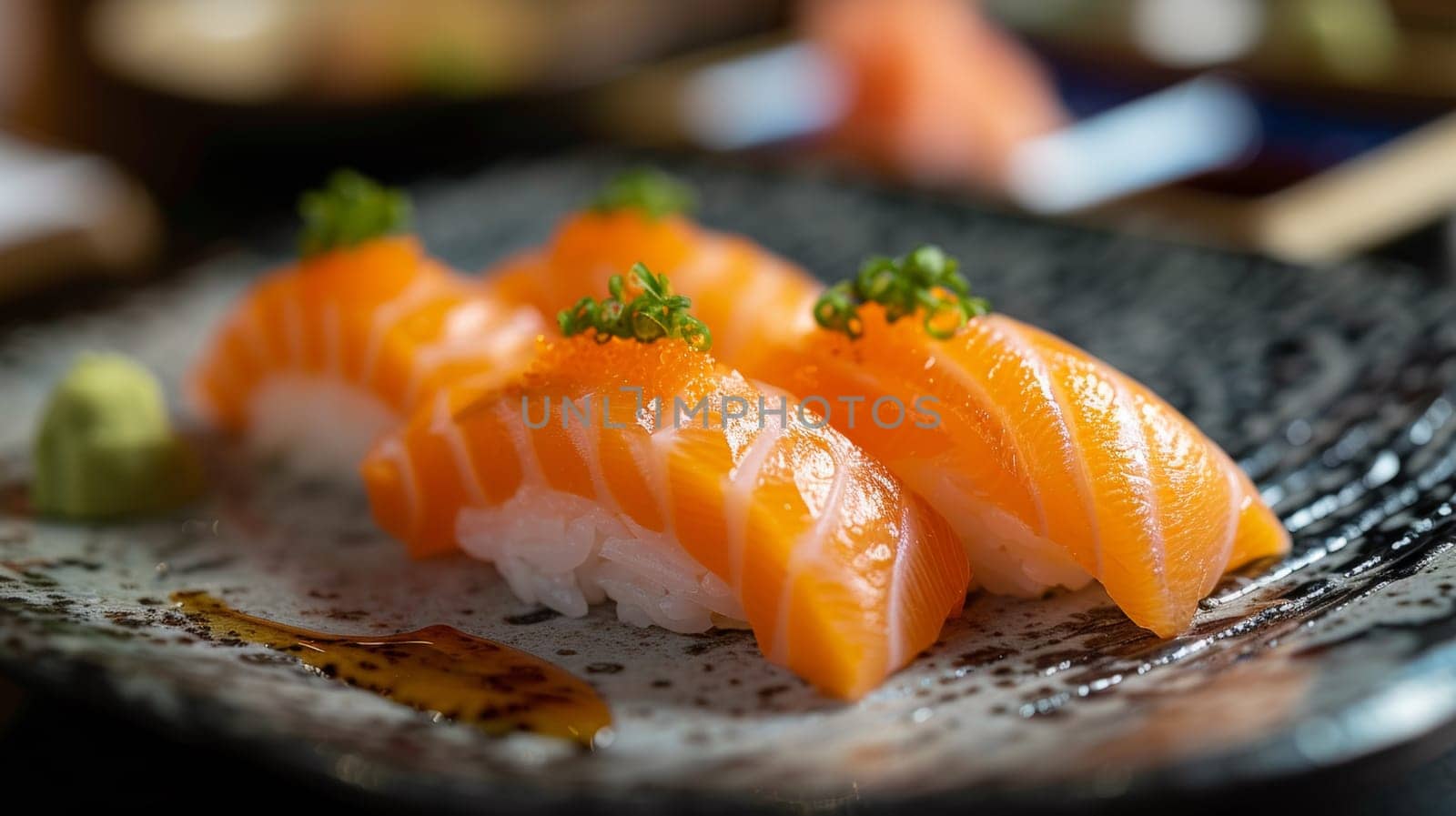 A close up of a plate with some sushi on it, AI by starush