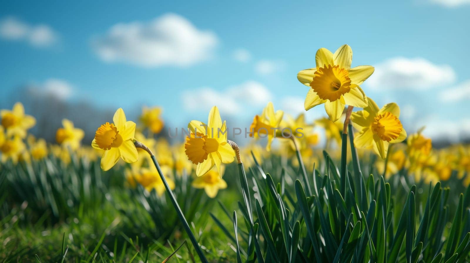 A field of yellow flowers with blue sky in the background