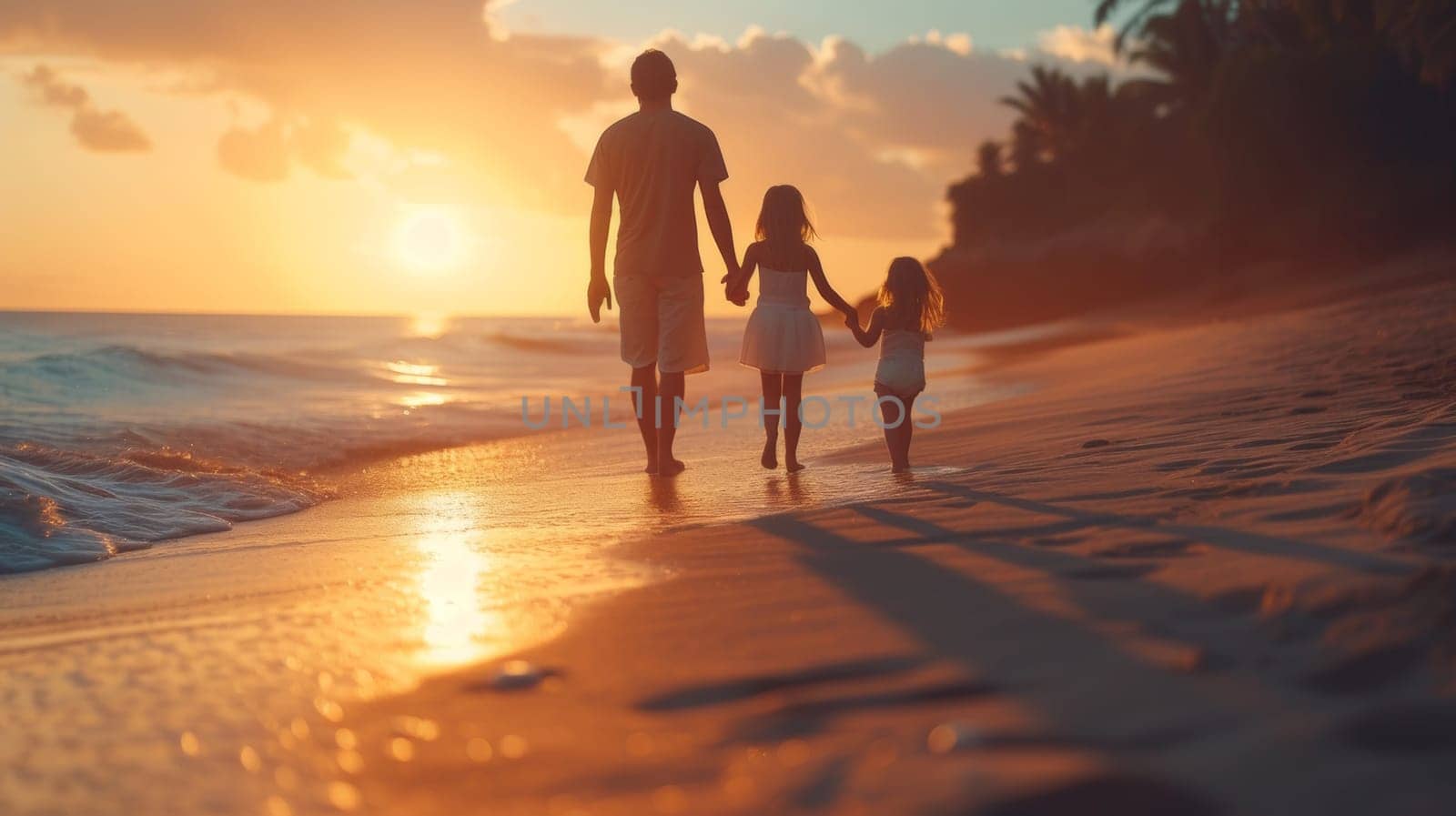 A man and two children walking on the beach at sunset