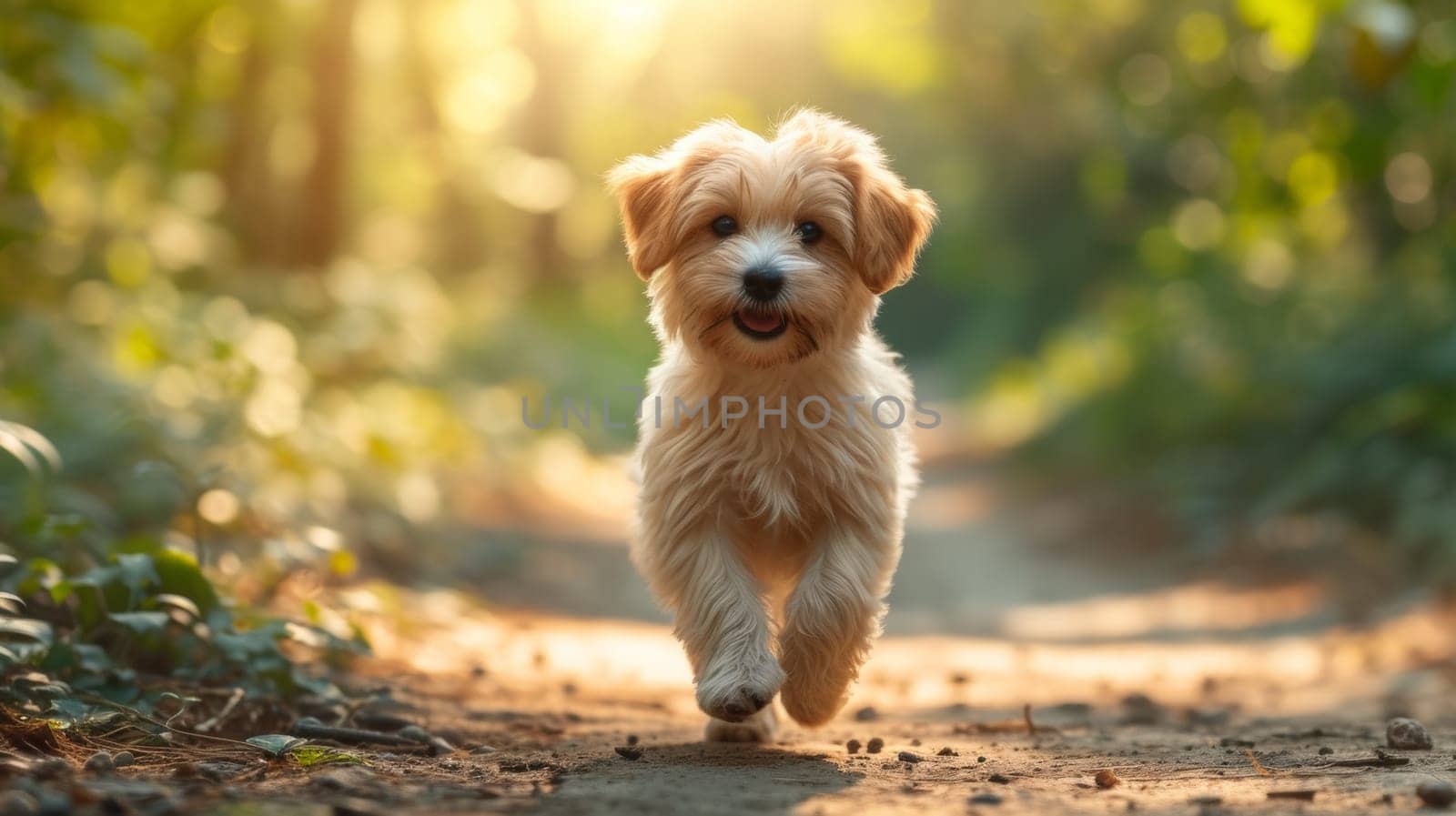 A small dog running on a dirt road in the woods