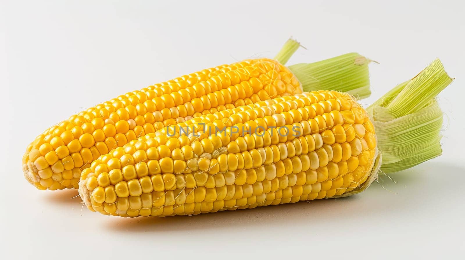 Two ears of corn on a white surface with one ear cut off, AI by starush