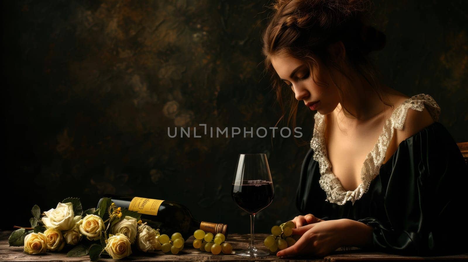 A woman sitting at a table with wine and grapes