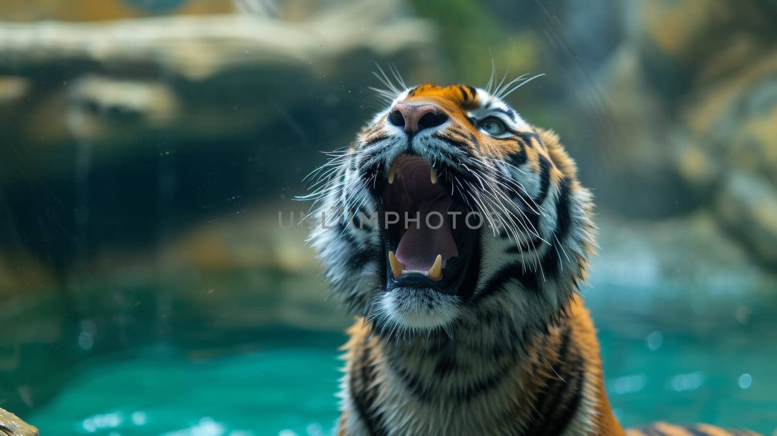 A tiger is roaring in the water with its mouth open