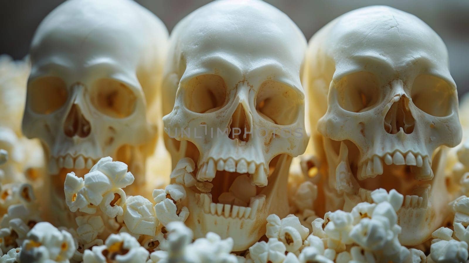 Three skulls are sitting on top of popcorn in a pile