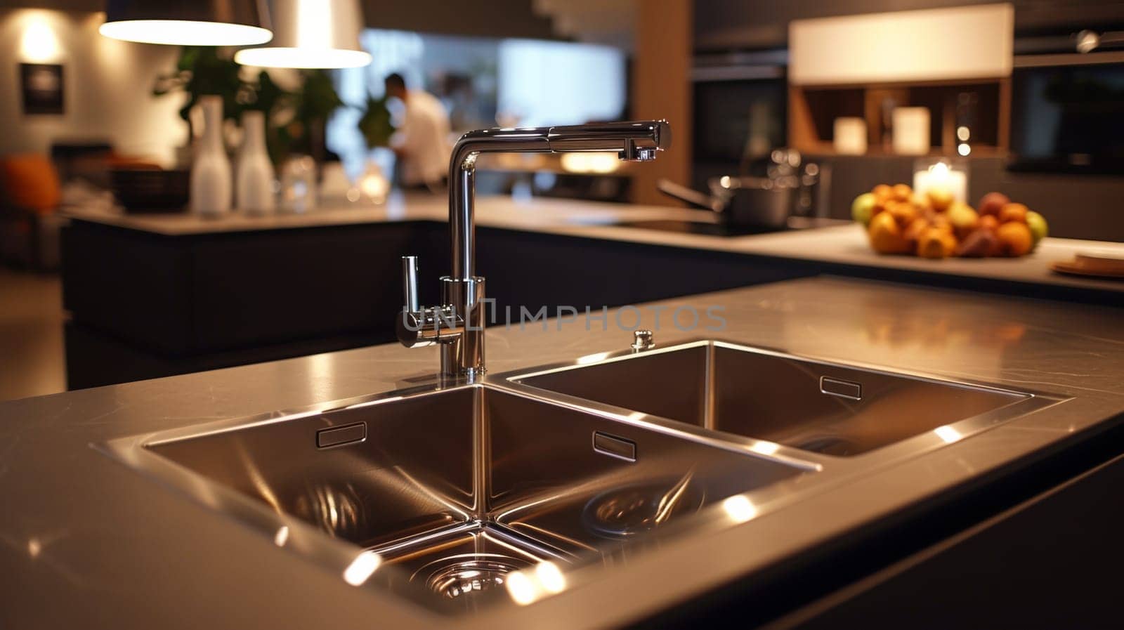 A kitchen sink with a faucet and two bowls on the counter