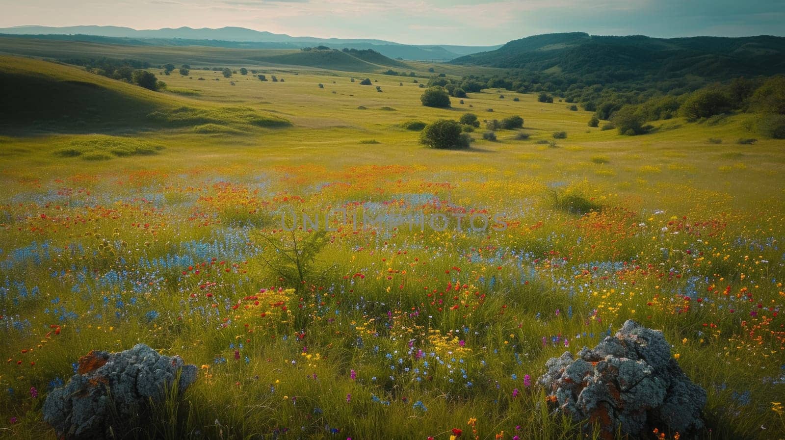 A field of wild flowers and rocks in a valley, AI by starush