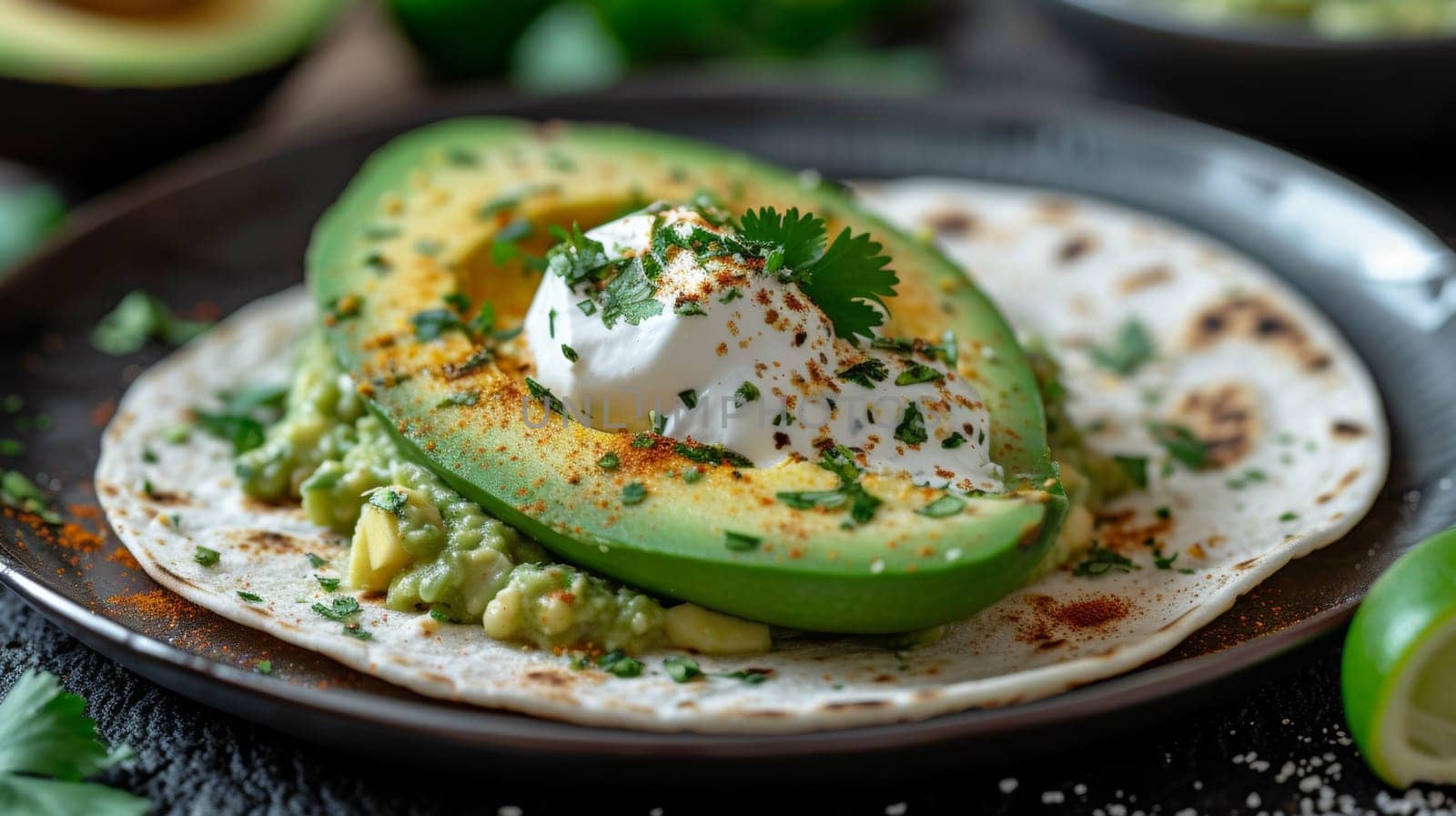 A plate with a tortilla and avocado on it topped off