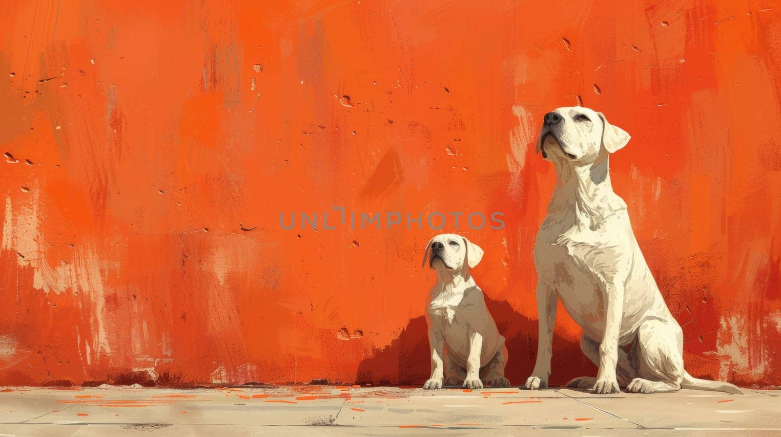 Two white dogs sitting on the ground next to a wall, AI by starush