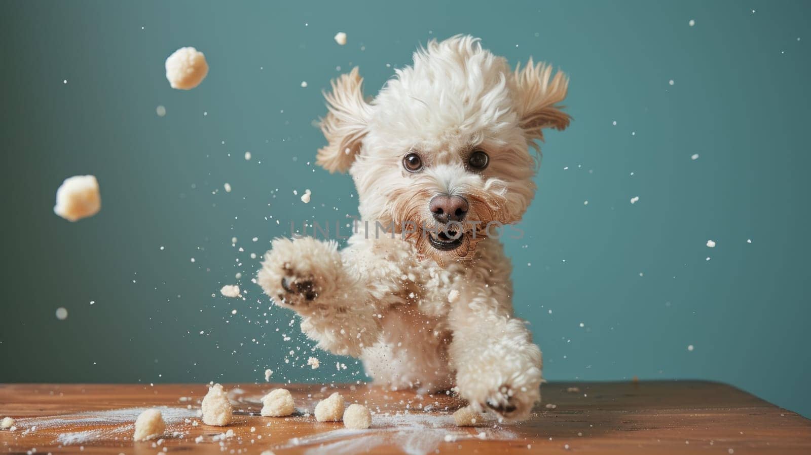 A small white dog jumping up and down on a table