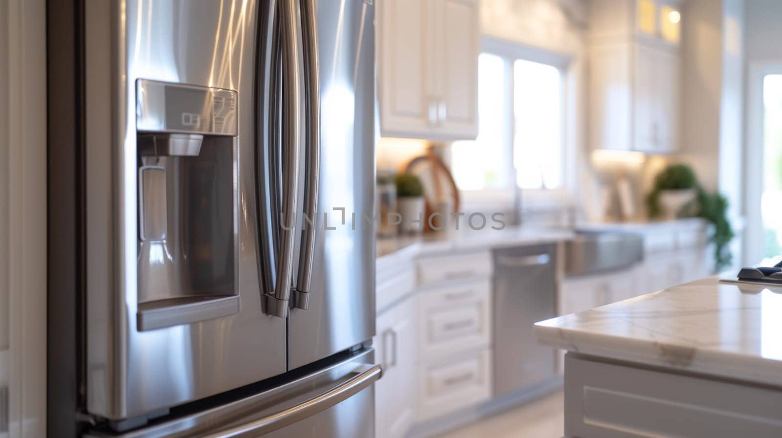 A stainless steel refrigerator in a kitchen with white cabinets