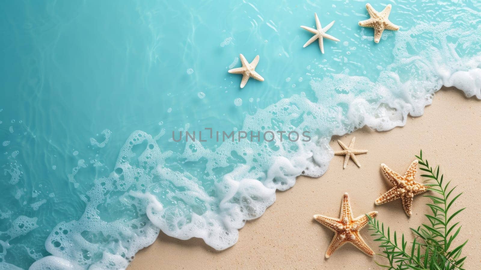 A beach scene with starfish and sea grass on the sand