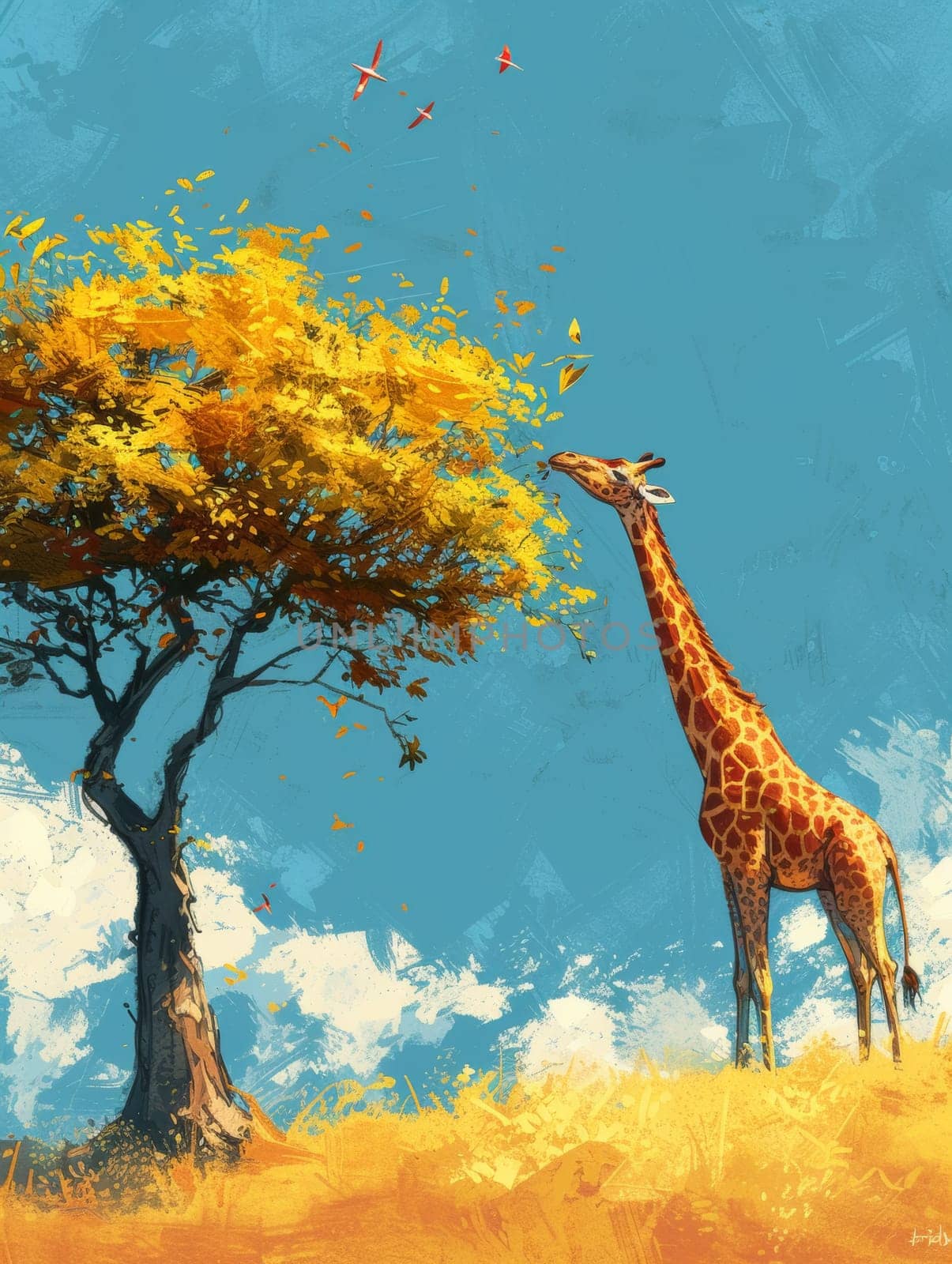 A giraffe standing next to a tree with leaves on it