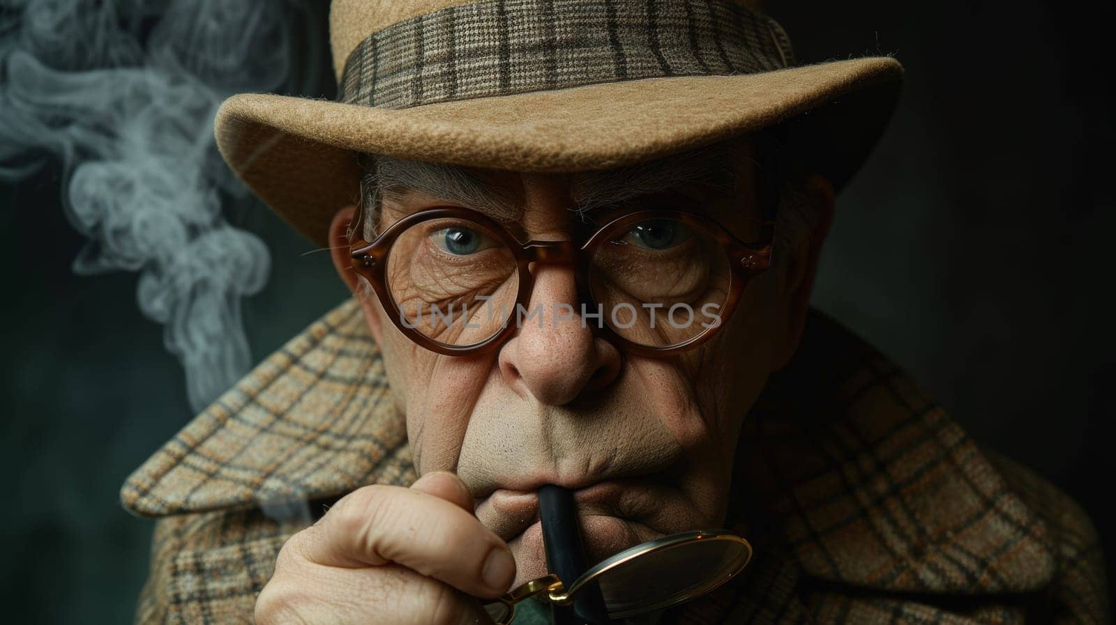 A man in hat and glasses smoking a pipe with his mouth open