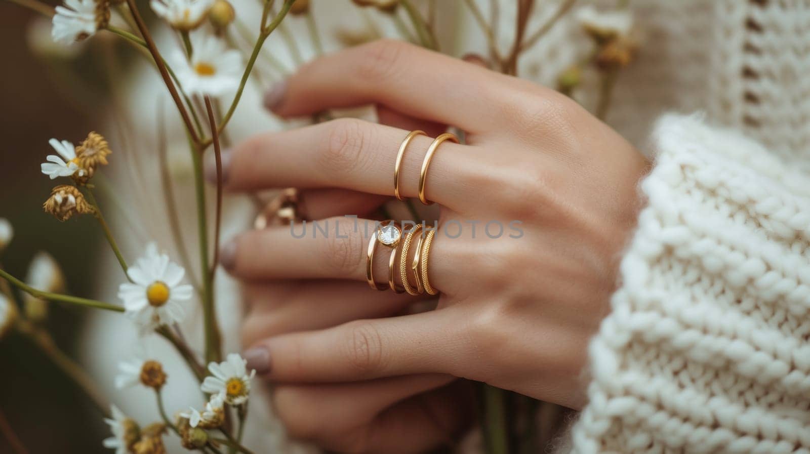 A woman's hands holding a bunch of flowers and wearing rings