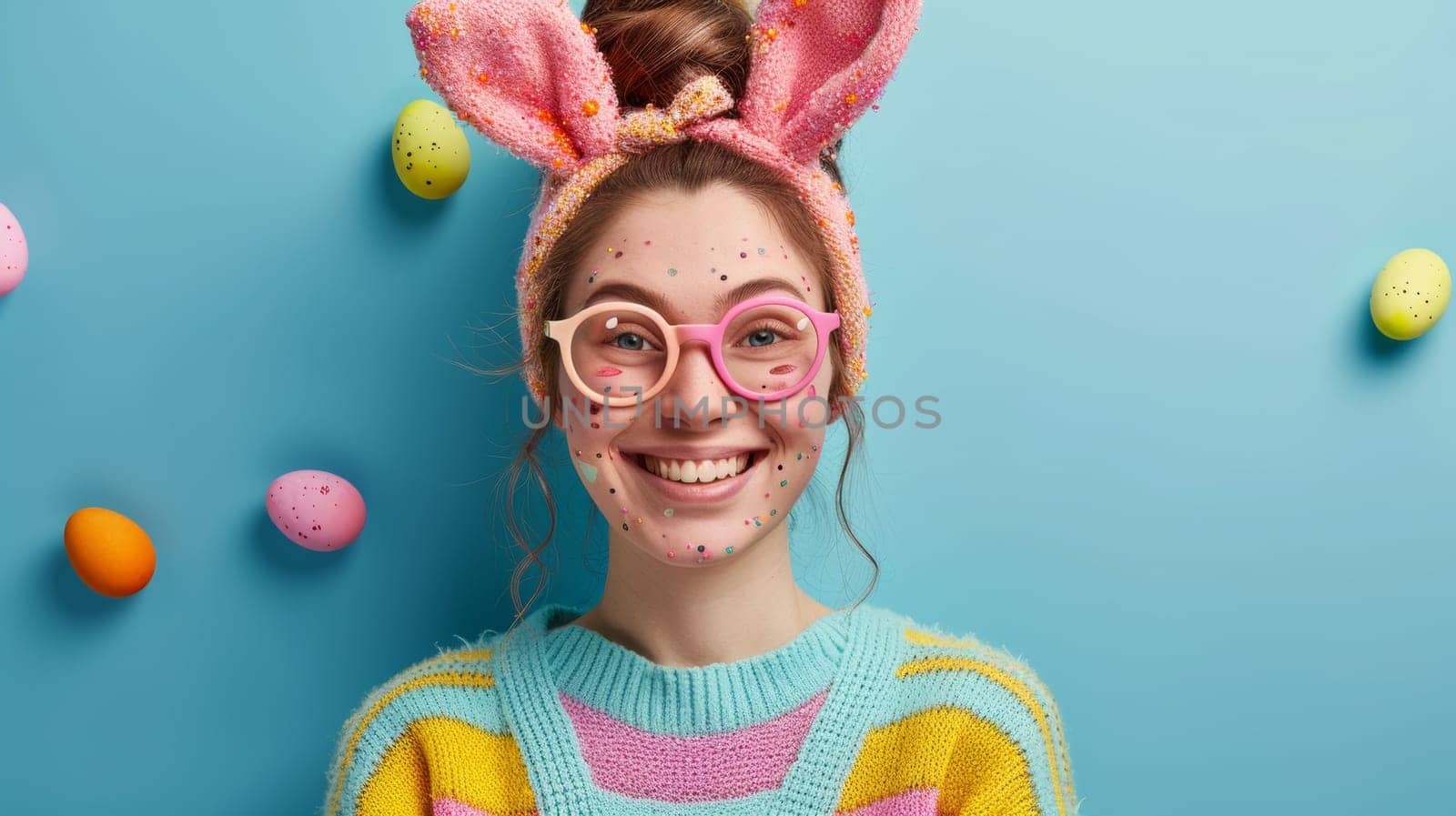 A woman with bunny ears and a pink bow on her head
