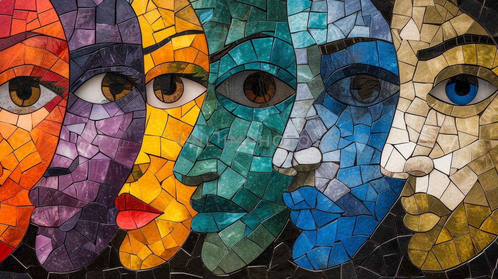 A mosaic of a group of faces painted in different colors, AI by starush