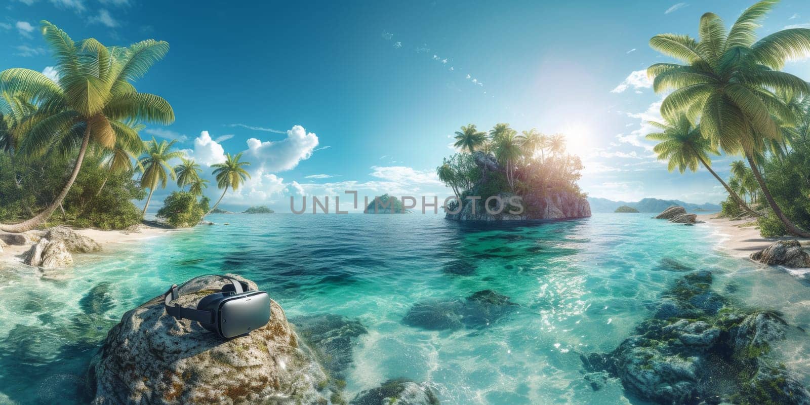 A computer generated image of a beach with palm trees and rocks