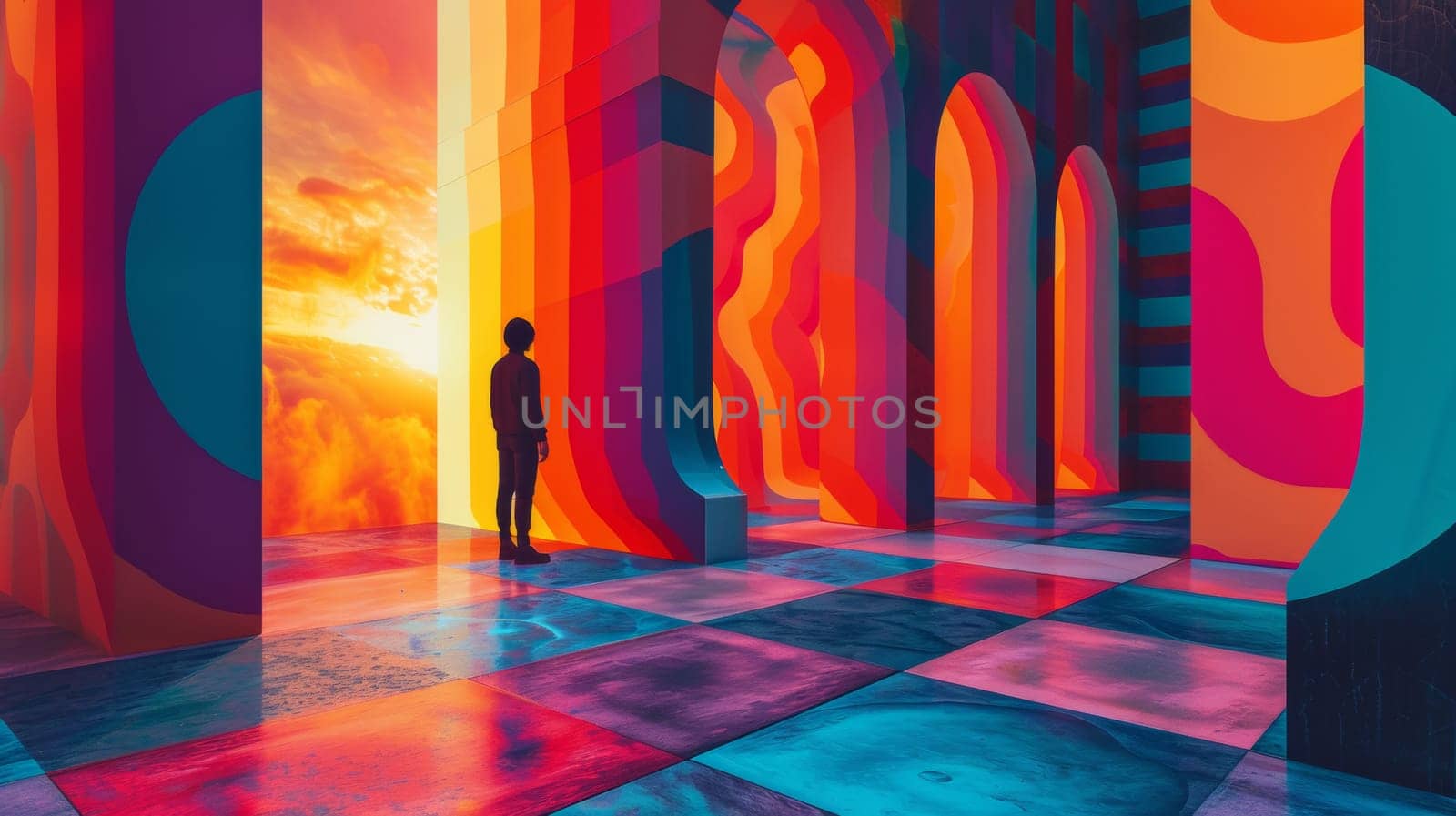 A person standing in a colorful room with an abstract background