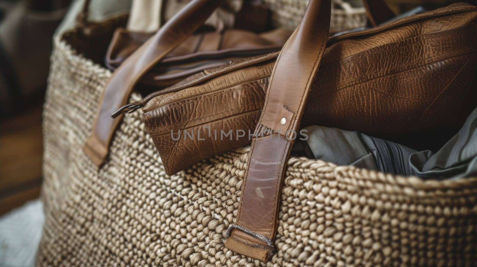 A large woven basket with a brown leather bag inside, AI by starush