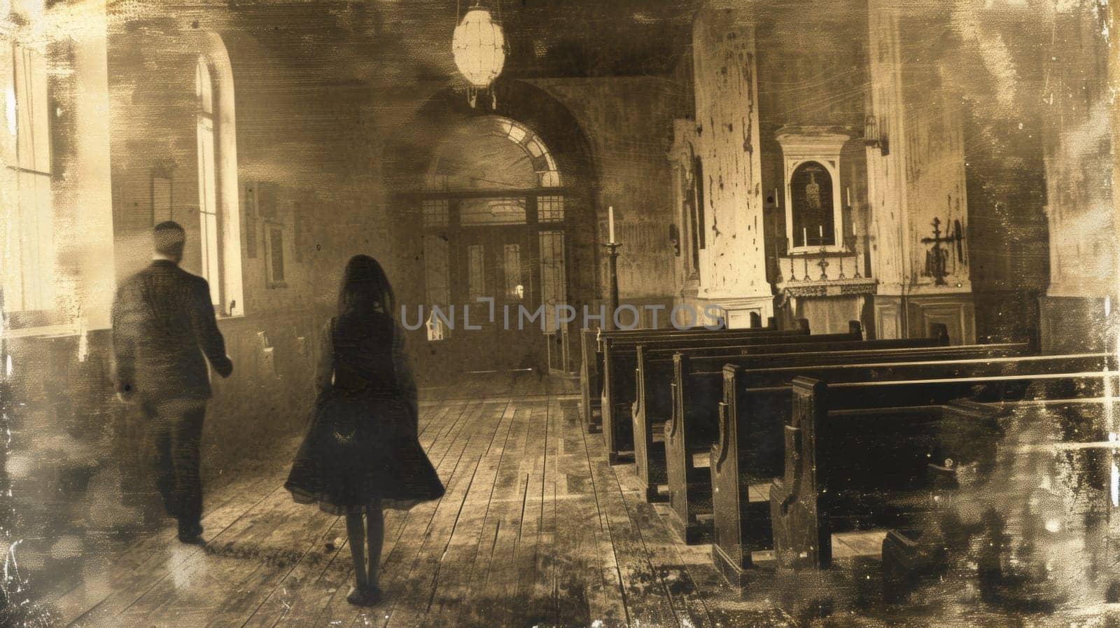 A man and woman walking down a church aisle in the dark