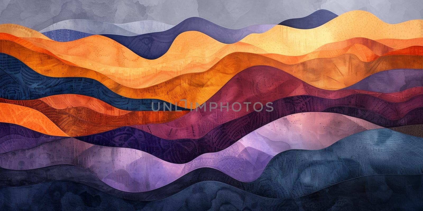 A painting of a mountain range with different colors and shapes