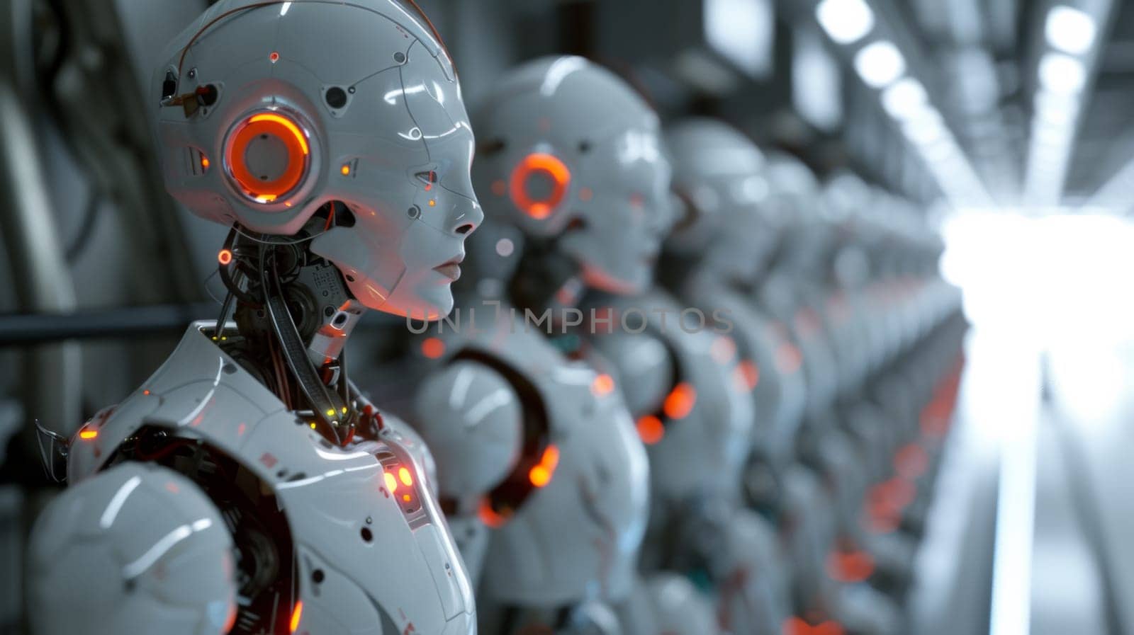 A row of robots lined up in a line with glowing eyes, AI by starush