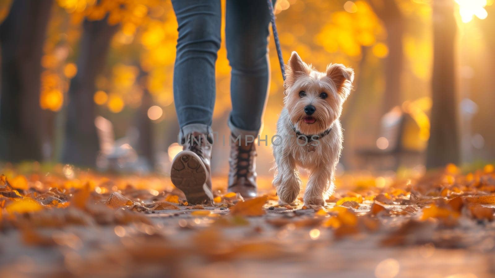 A small dog walking on a leash in the fall leaves