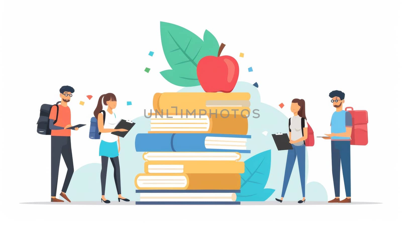 A group of people standing around a stack of books with an apple on top