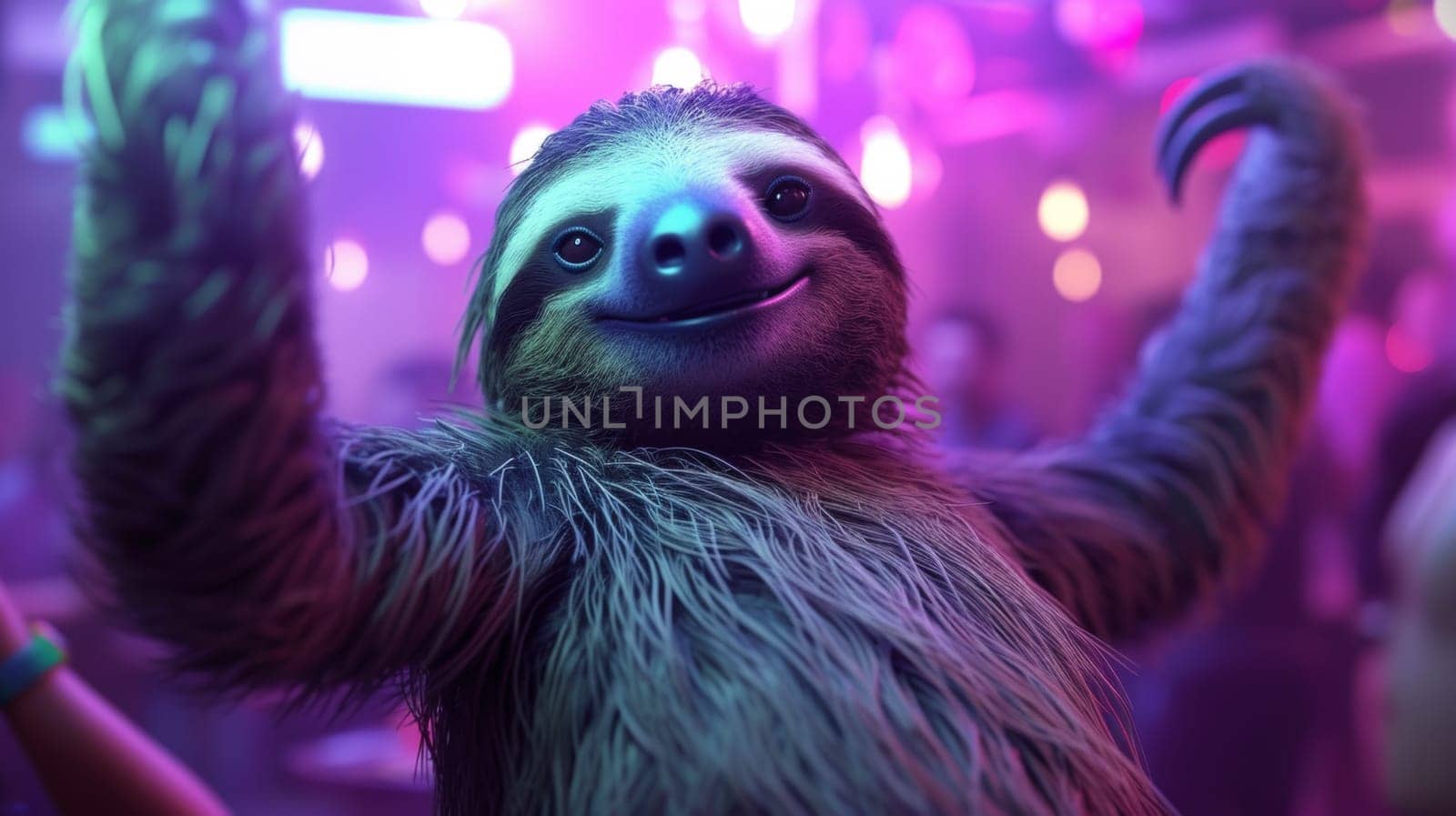 A sloth is dancing in a nightclub with people around him