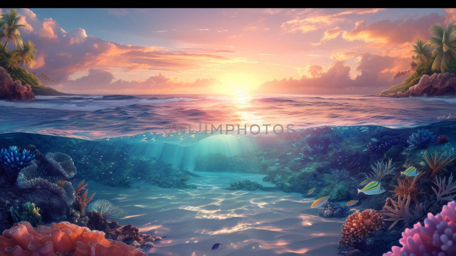 A beautiful underwater scene with a sunset and coral reef