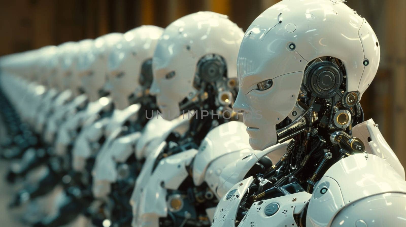 A row of white robots lined up in a line