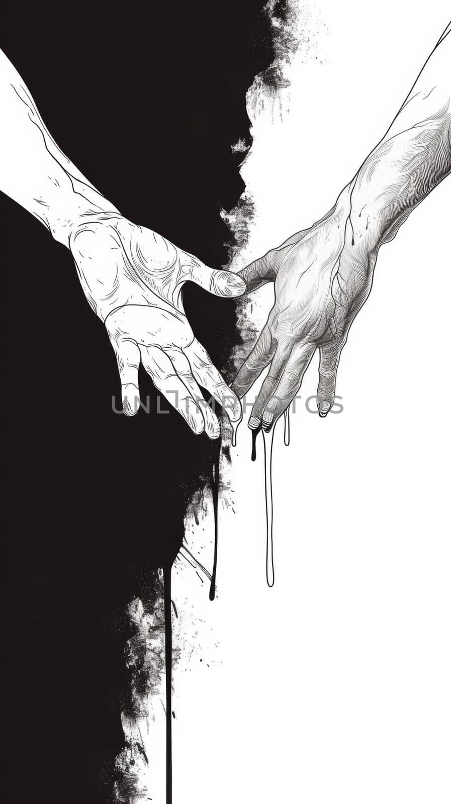 A drawing of two hands reaching for each other with black paint splattered on them, AI by starush