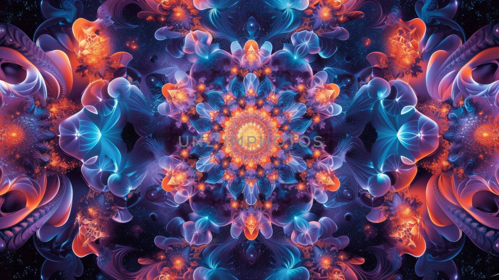 A psychedelic pattern of blue and orange flowers with a purple background