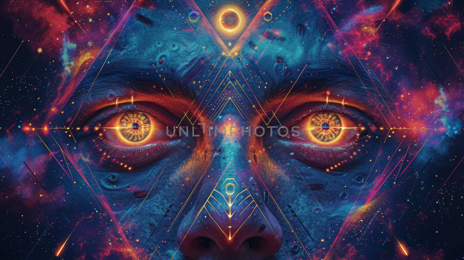 A close up of a face with glowing eyes and cosmic background