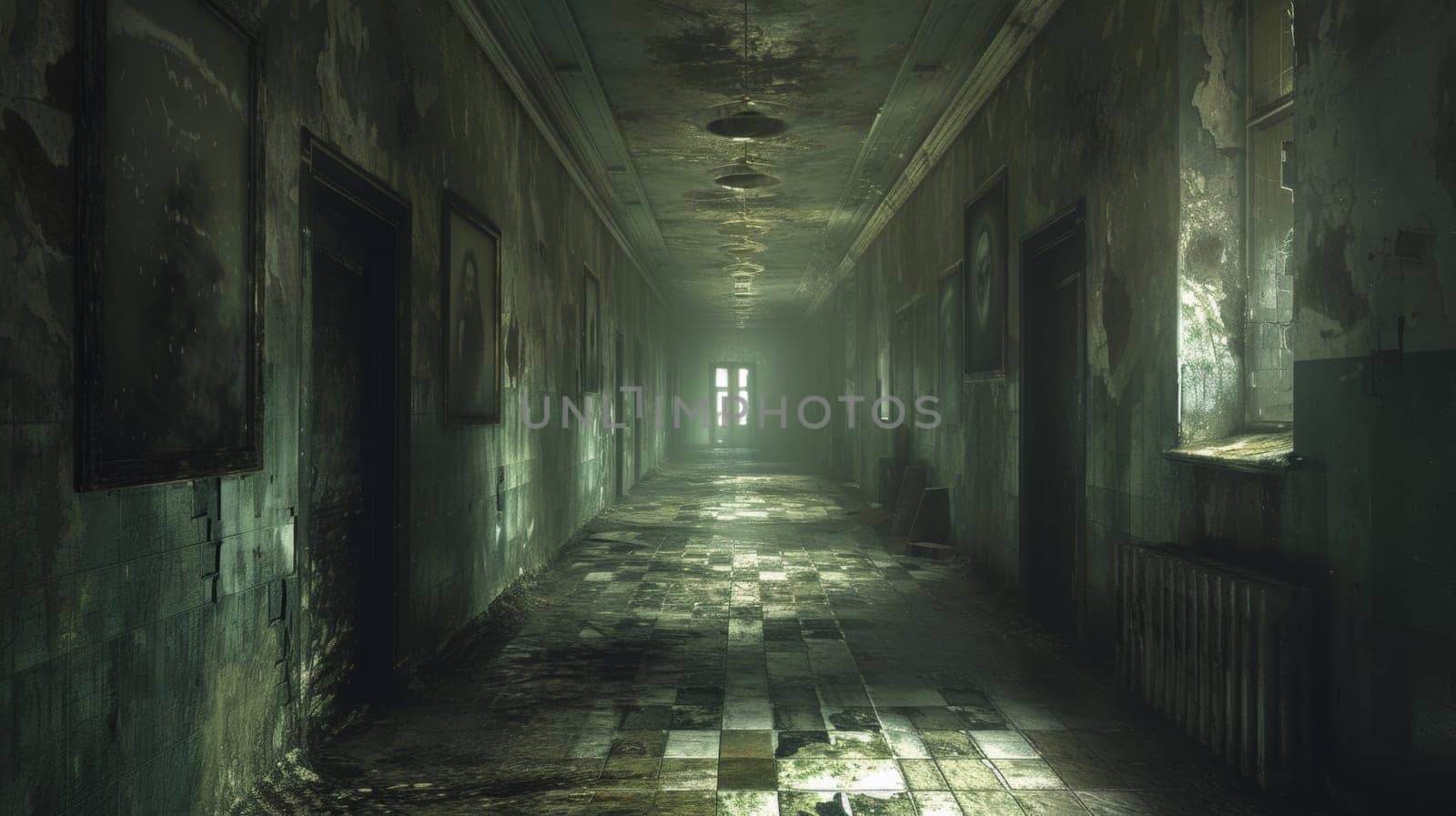 A long hallway with many windows and a light on the floor, AI by starush