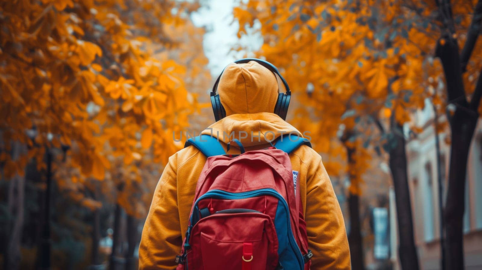 A person wearing a backpack and headphones walking down the street