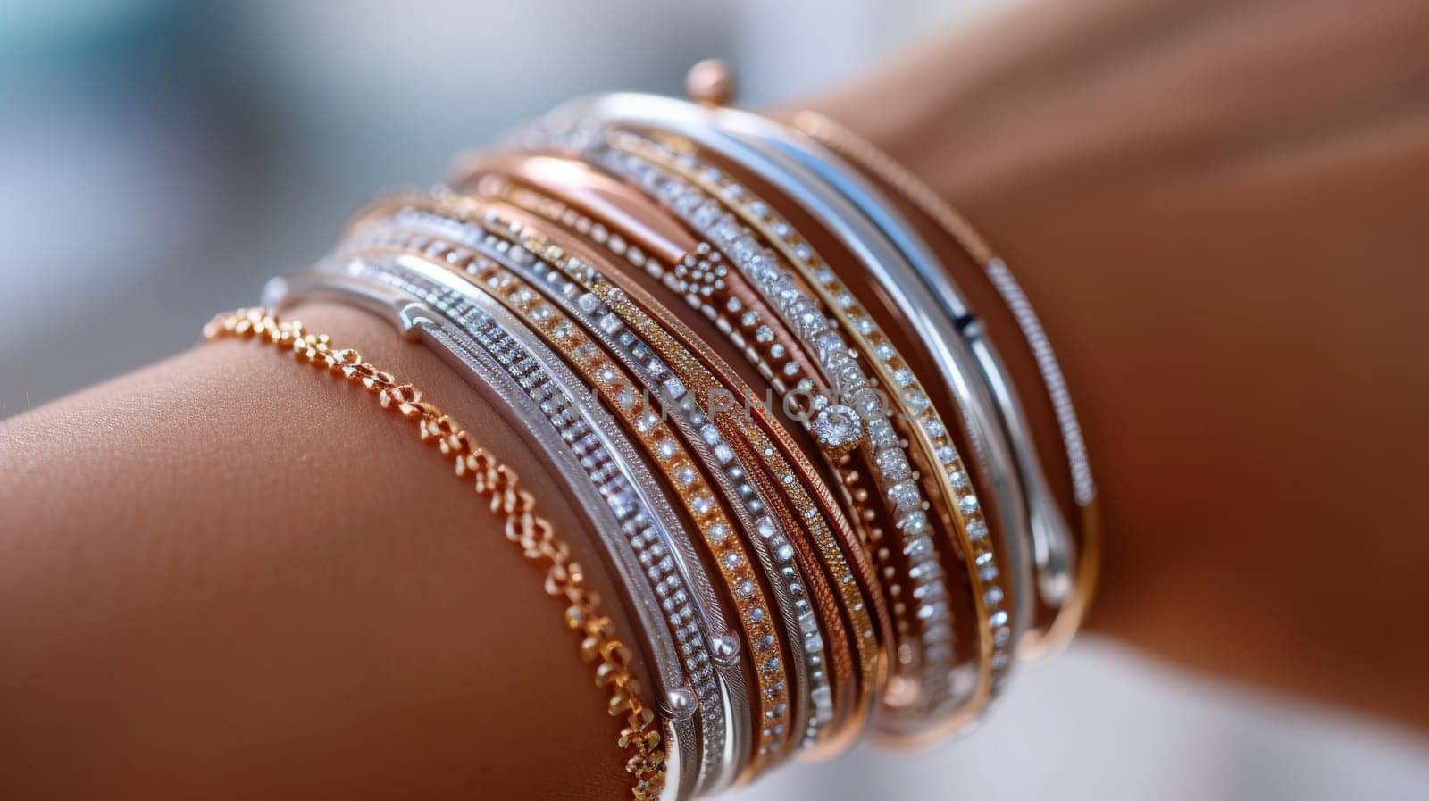 A woman's arm with multiple bangles on it