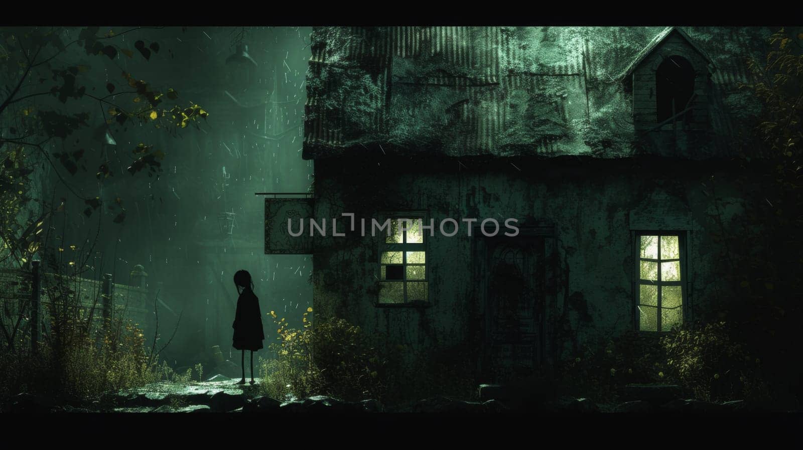 A person standing in front of a house at night