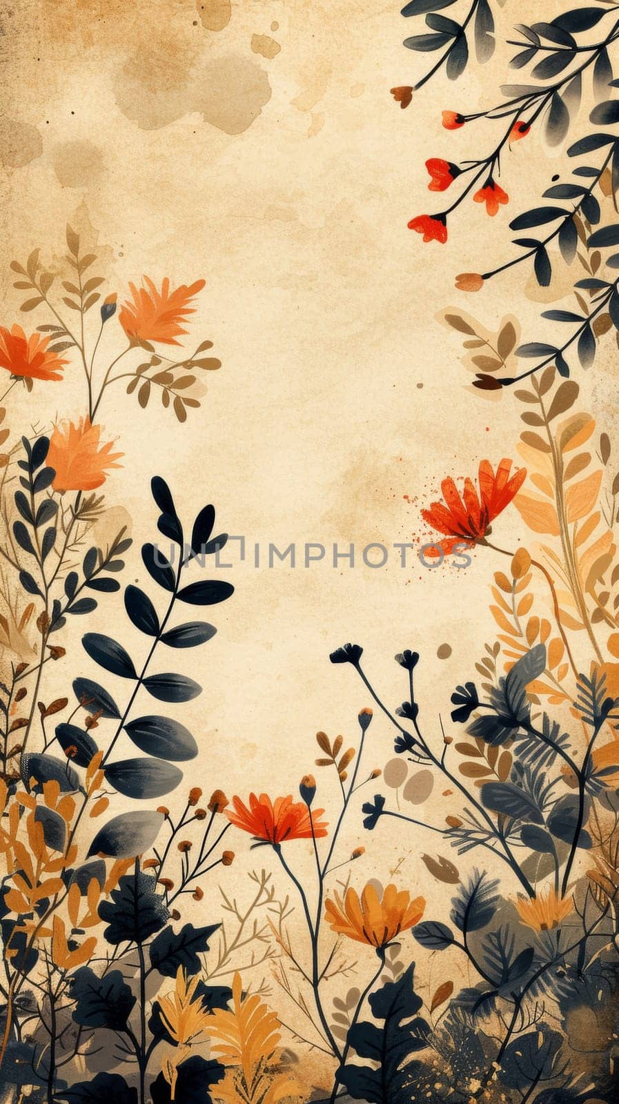 A painting of a picture with flowers and leaves on it, AI by starush