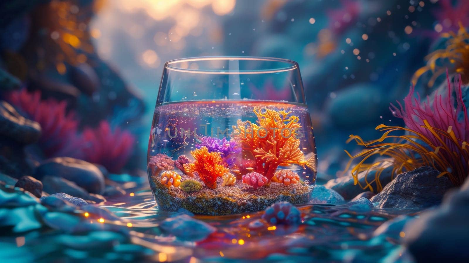 A glass of water with a colorful coral reef in it, AI by starush