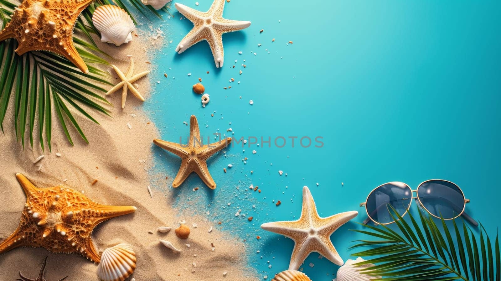 A beach scene with sunglasses and starfish on a blue background