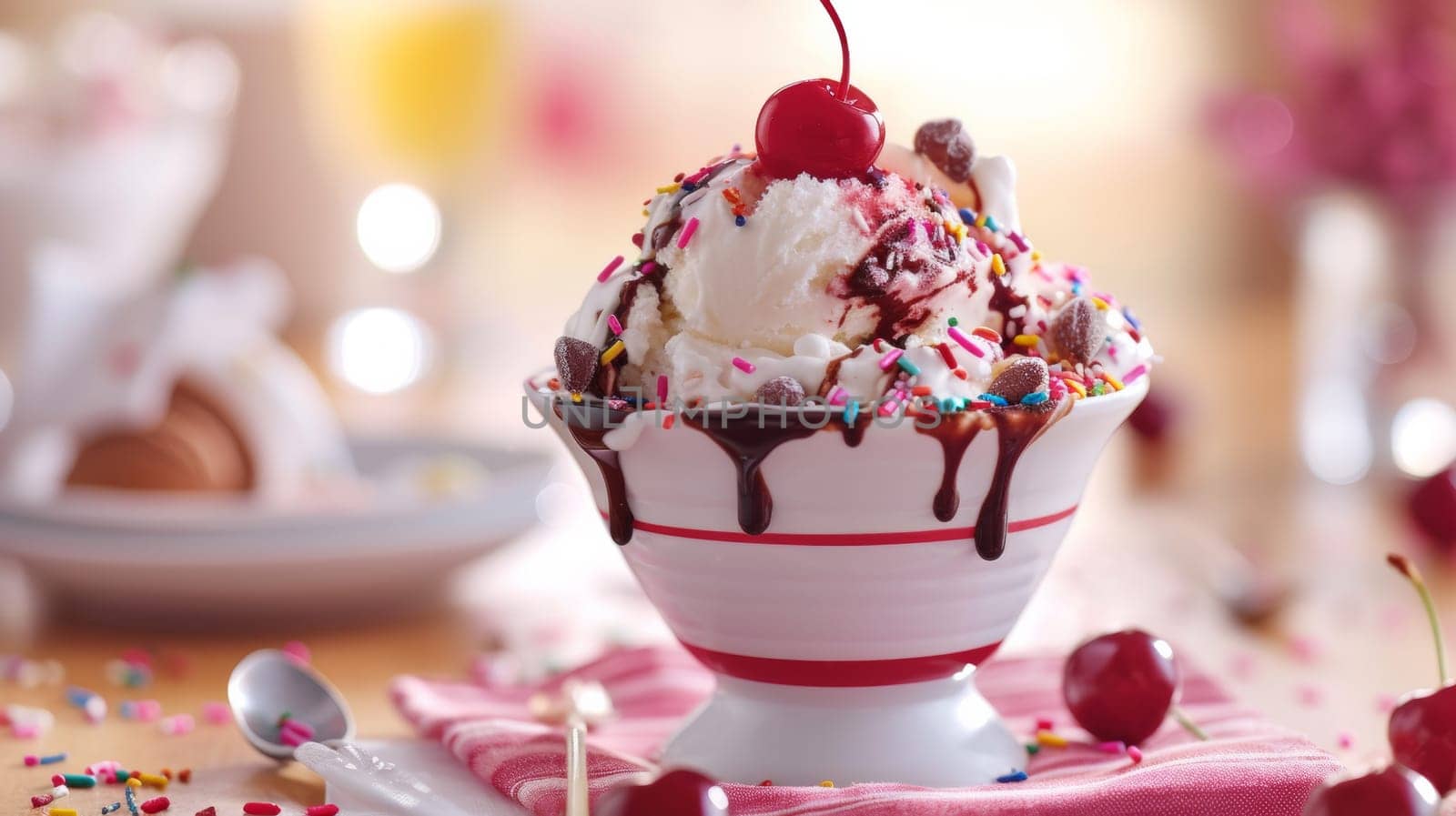 A bowl of ice cream with sprinkles and cherries on top