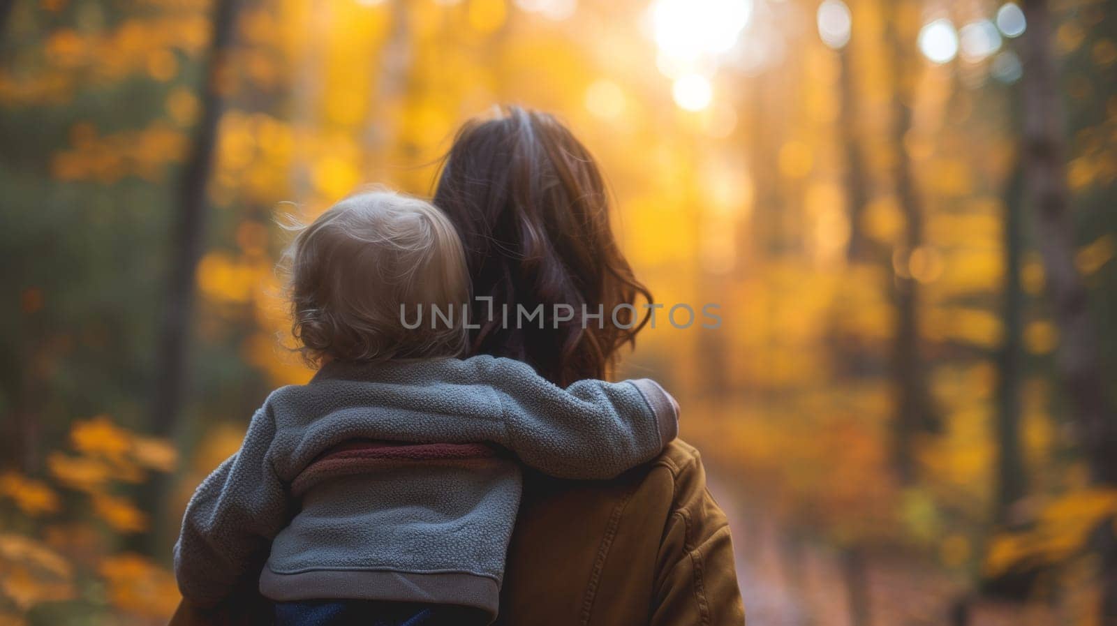 A woman holding a child in her arms walking through the woods